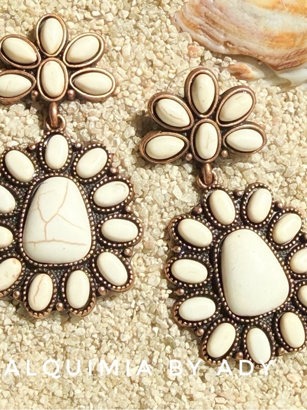 MONUMENTAL Cream Turquoise Floral Cluster Drop Earrings